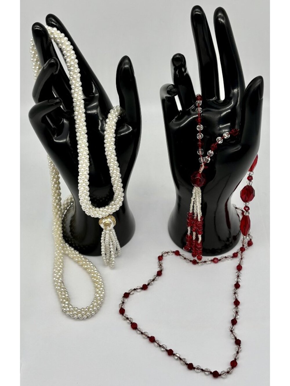 Lot of Two Long Tassel Necklaces Red Crystals Faux Pearls Artisan-Made, Unsigned